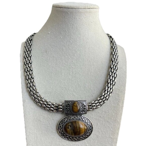 Vintage Tiger's Eye Silver Tone Women’s Necklace Chain 2 Pendants Elegant Sz 22” - Picture 1 of 14